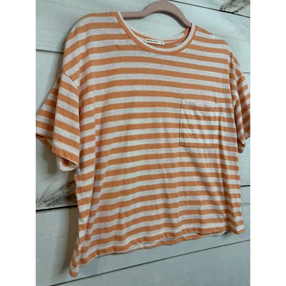 Marine Layer Womens XL Orange White Striped Short Sleeve Pocket Tee Shirt - Picture 2 of 6